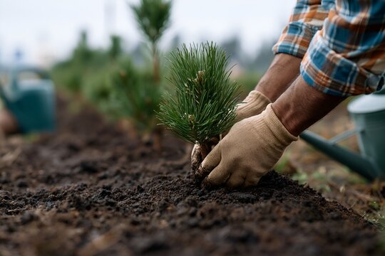 Person planting tree outdoors with hands in gloves and tools nearby