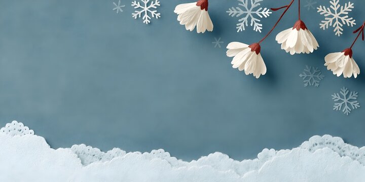 Soft winter scene with paper snowflakes and cherry blossoms