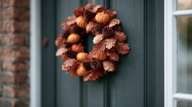 Autumnal decoration on a wooden door