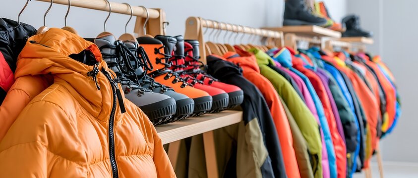 Hiking boots and jackets on racks in a store display