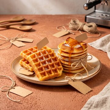 Warm cozy breakfast platter featuring golden belgian waffles and pancake stack drizzled with sweet caramel sauce under sunbeam light.