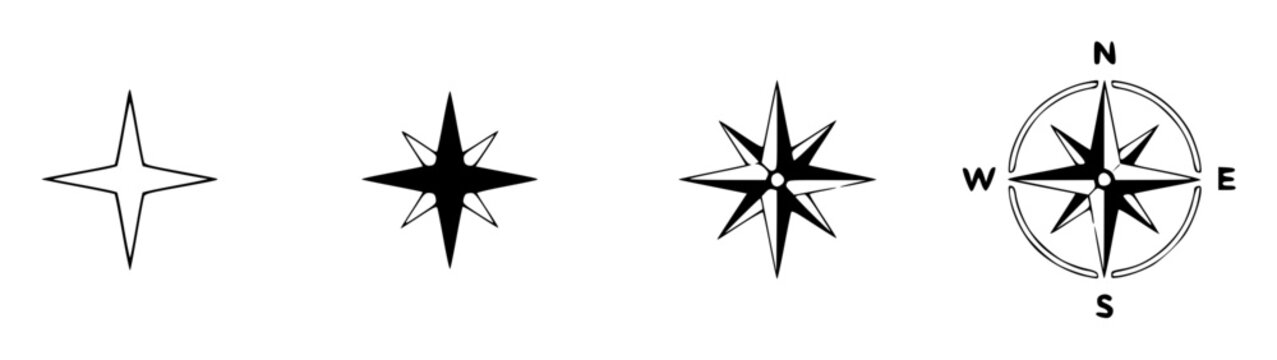 Set of four minimalist compass rose icons arranged in a ho kQEC9gPZV9u2sz4j set with simple line art design featuring sketches, drawings, vector graphics with minimalist and simple illustrations