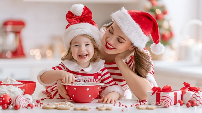 Mother and child bake cookies together