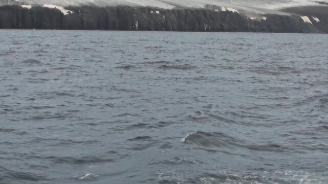 Polar Ocean Seascape Opening Beneath Wide Polar Sky Across Open Water. Dark swells move across the cold water while the distant polar horizon remains clearly visible.
