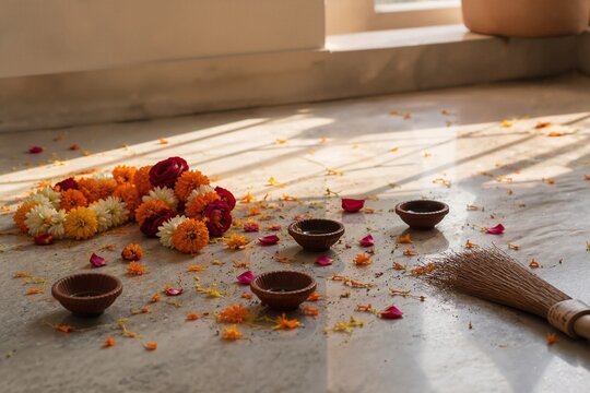Diwali celebration with colorful flower petals and traditional lamps on floor, sunlight illuminating festive scene. Diwali setup includes marigold flowers, clay lamps, vibrant decorations,