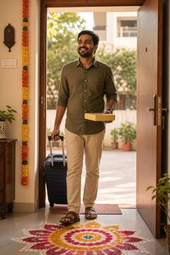 Indian man arriving home with suitcase and gift box during Diwali celebration. Man is walking through decorated entrance with colorful rangoli design on floor.