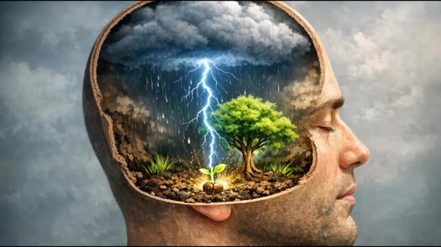 A surreal illustration of a man with a tree growing inside his head, suitable for use in designs and illustrations that require a unique and thought-provoking visual element