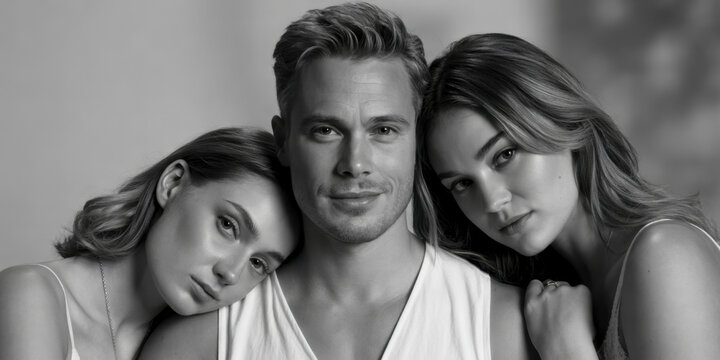 A young man and two women embrace romantically indoors for a portrait