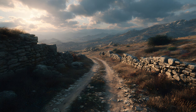 Dusty road leads through imposing ancient stone walls reminiscent of Jericho destruction. Sunlight breaks through hazy clouds, casting dramatic shadows, historical, biblical landscape. Scene evokes