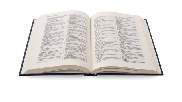 Open dictionary with text pages during studio lighting isolated on transparent background
