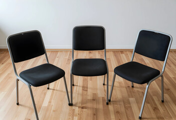 Obraz premium Unemployment and corporate downsizing, three empty office chairs in a row job loss and remote work shift in a modern business environment