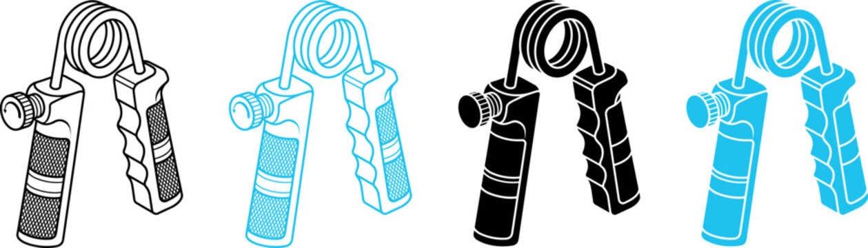 Climbing rope ascender and safety equipment icon set in black and blue line art