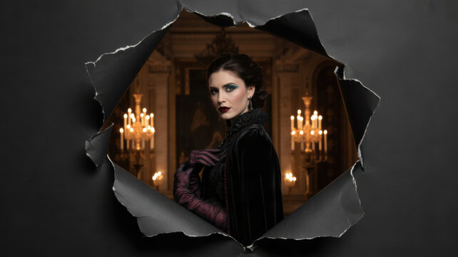 A woman dressed as a vampire in a gothic mansion