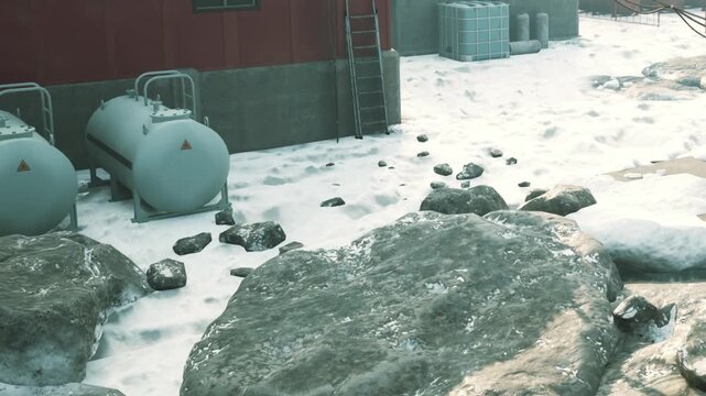 In a remote location, two industrial tanks sit beside a layer of fresh snow and rocky ground. The scene is tranquil, with a contrast of steel against the white frost, evoking a sense of cold solitude.