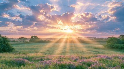 Naklejka premium Beautiful Sunrise Over Green Meadow With Purple Wildflowers and Sun Rays