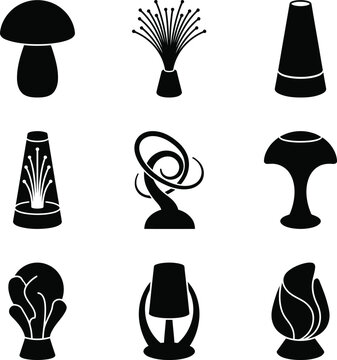 Lighting fixtures and lamps solid icon set containing icons for mushroom lamp fiber optic light lava lamp and sculptural table light for interior design and home decor projects