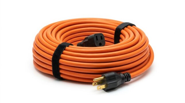 Coiled orange extension cord with black plugs isolated on white