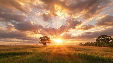 Naklejka premium Majestic Golden Sunset Over a Lone Tree in a Vast Green Meadow