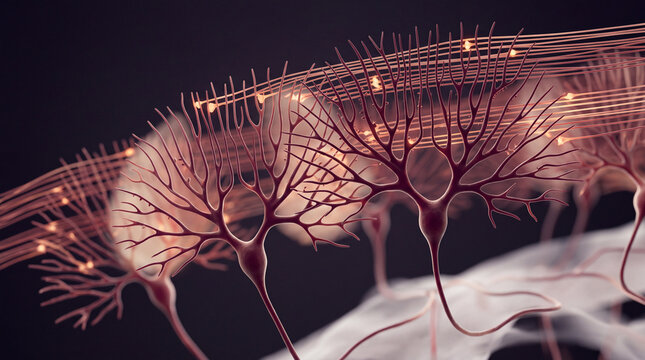 Abstract microscopic view of interconnected biological nerve cells with glowing light impulses