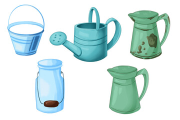 Vintage garden watering can jug and milk bucket set isolated on transparent background © Liubov