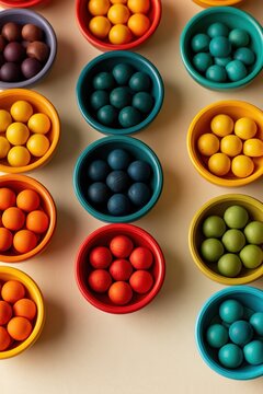 Colorful sorting bowls with matching wooden balls arranged on pale cream background