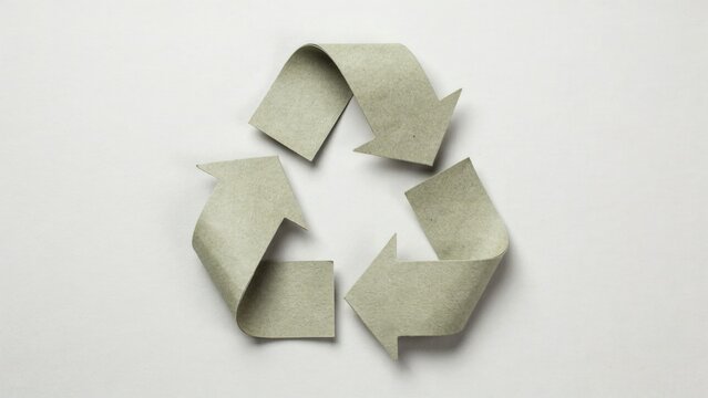 Paper recycling sign crafted from folded cardboard strips lies flat on plain backdrop. Minimalist ecological symbol promotes environmental responsibility, sustainable packaging and conservation.
