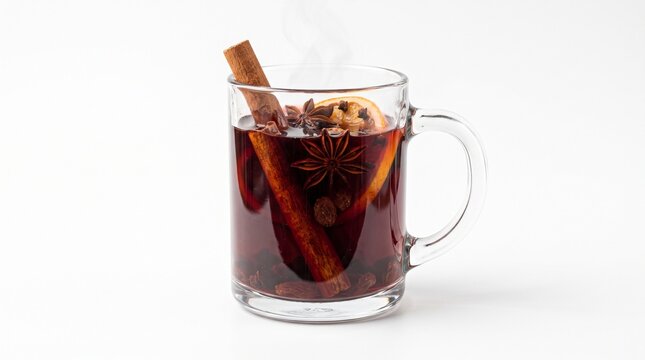 Hot spiced mulled wine in a clear glass mug with cinnamon and star anise on white background
