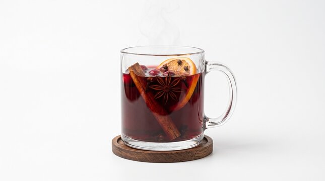 Mulled wine in a glass mug, isolated on a white background