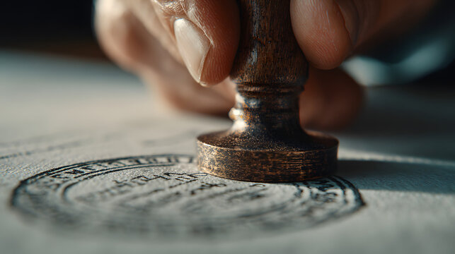 Closeup of a hand stamping a document, representing approval, authority, or validation. Suitable for business, legal, or administrative contexts.