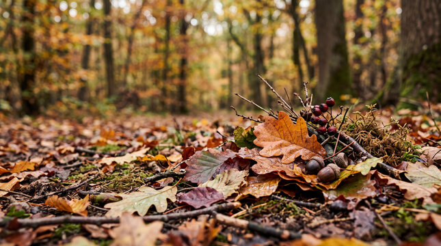 Close up of colorful fallen autumn leaves and acorns on a forest floor with outdoors
