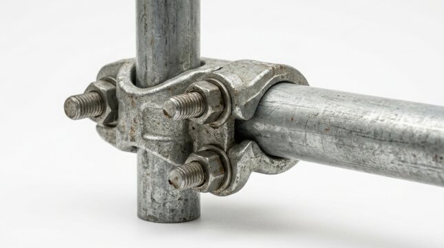 Metal scaffolding clamp joint connecting two steel pipes on white