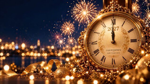 New year countdown 2027 gold clock with city fireworks for festive celebration background.