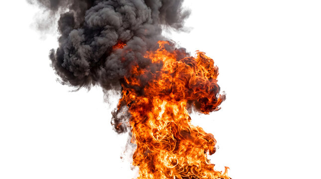 Explosion with raging fire and thick dark smoke isolated on black background