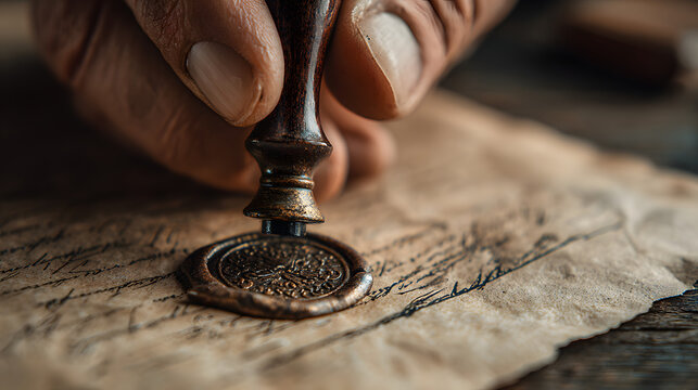 Closeup of a hand stamping a document, representing approval, authority, or validation. Suitable for business, legal, or administrative contexts.