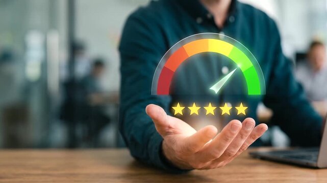 Customer experience rating concept with a businessman holding a floating multicolor satisfaction meter in his palm, consumer feedback, service evaluation, user experience, quality assessmen