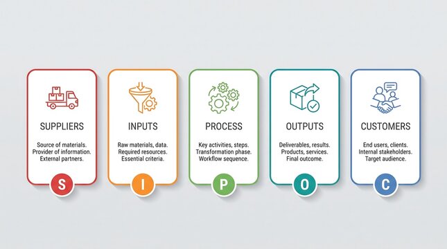 SIPOC diagram infographic template with 5 steps: suppliers, inputs, process, outputs, customers for Lean Six Sigma business process mapping, workflow management vector illustration
