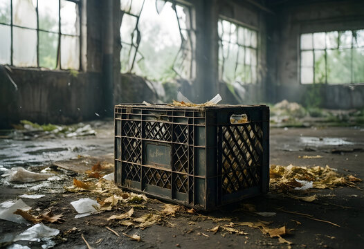 Urban decay and industrial decline, plastic crate in an abandoned factory with broken windows and debris on the floor economic stagnation