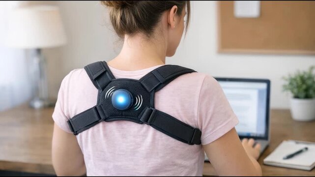 A woman sitting with a laptop, wearing a back brace for support, possibly working remotely
