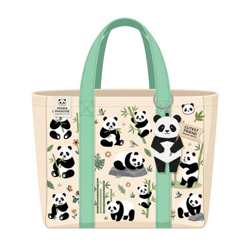 Beige Shopping Bag with Green Handles and Cute Panda Charm Illustration