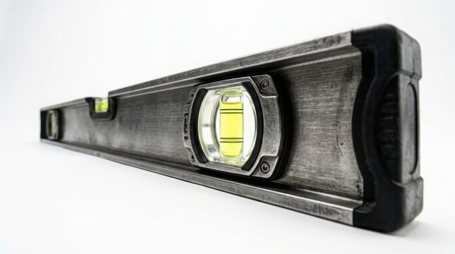 Metal spirit level tool with bubble vial isolated on white background