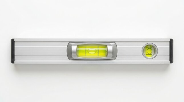 Spirit level tool resting on a clean white surface for construction