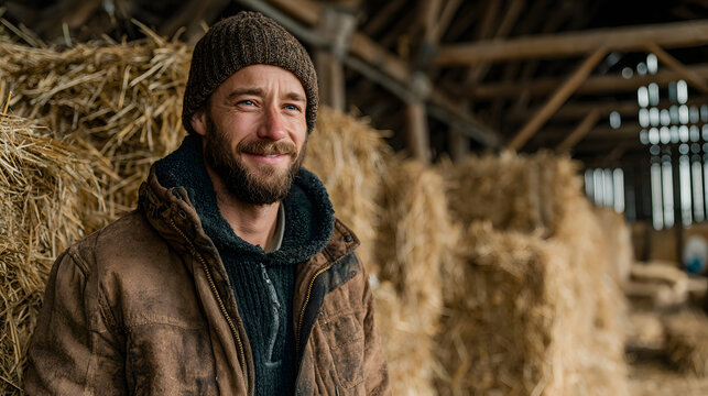 Smiling farmer in barn with hay bales, wearing beanie on a winter day