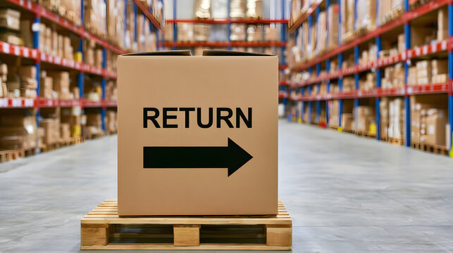 A cardboard container marked with a prominent arrow pointing back, situated on a tidy pallet within an illuminated warehouse featuring high, efficiently arranged shelves, embodies the concept of rever