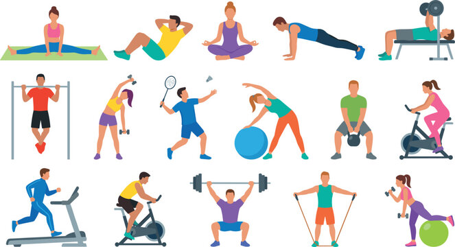Fitness and Workout Character Vector Set Featuring People Exercising Gym Training Yoga Cycling Running Weightlifting and Healthy Lifestyle Activities