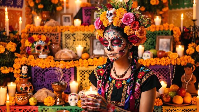 Traditional sugar skull makeup portrait surrounded by candles and flowers, Mexican Day of the Dead, calavera, Día de los Muertos festival, cultural heritage