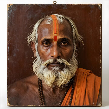 Spirituality and hinduism, portrait of an elderly indian sadhu with traditional tilak and prayer beads in a contemplative and peaceful state of mind