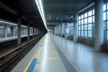 Fototapeta premium Public transportation infrastructure, empty subway station platform with modern architecture and morning light for urban commute and travel concepts