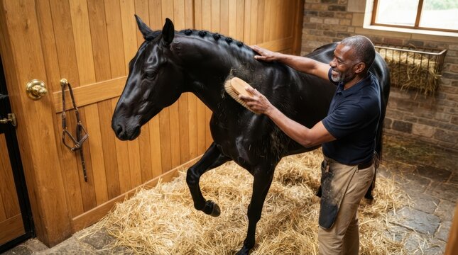 A mature man grooming a black horse with a brush inside a rustic wooden stable environment
