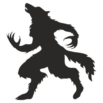 halloween vector icon Black silhouette wolf standing on hind legs with raised front paws