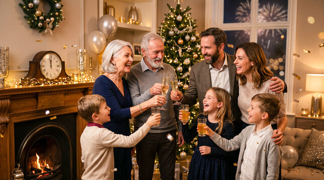 Familia multigeneracional celebrando la Nochevieja junta, brindando por el nuevo a&ntilde;o en un ambiente elegante, c&aacute;lido y festivo.